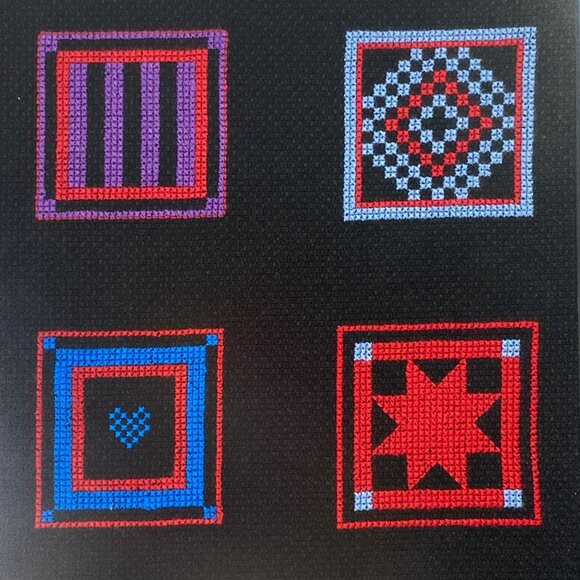 Vintage Handmade Amish Quilt Squares 14" Framed Cross Stitch - Picture 3 of 11